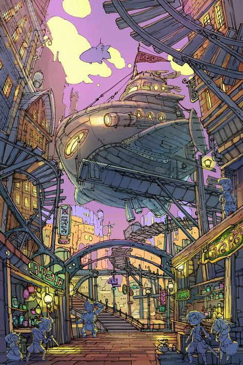 Space City Concept Art, City Aesthetic Drawing, Ghibli City, World Building Art, Cyberpunk Concept Art, City Cartoon, Future World, Marvel Characters Art, City Drawing