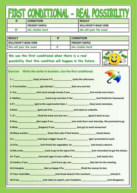 First conditional interactive and downloadable worksheet. Check your answers online or send them to your teacher. If Worksheet, Conditionals Grammar, First Conditional, Conditional Sentences, Grammar Exercises, English Exercises, English Grammar Worksheets, Grammar Practice, English Activities