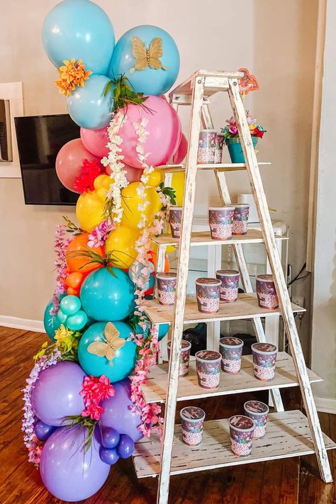 Feast your eyes on this amazing Encanto birthday party! The balloon garland is so pretty!! See more party ideas and share yours at CatchMyParty.com Encanto Garland, Simple Encanto Birthday Decor, Encanto Balloon Garland, Encanto Birthday Party Balloons, Encanto Birthday Backdrop, Girl Birthday Party Favors, Boy Party Favors, Birthday Party Balloon, Rainbow Theme