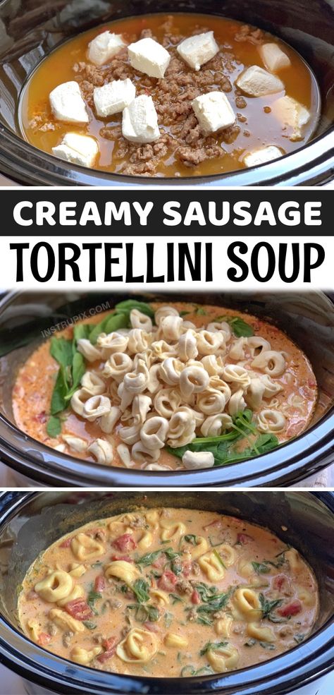 Spinach Crockpot Recipes, Creamy Crockpot Soup, Slow Cooker Tortellini, Creamy Sausage Tortellini Soup, Creamy Sausage Tortellini, Frozen Tortellini, Slow Cooker Tortellini Soup, Easy Crockpot Soup, Pasta Soup Recipes