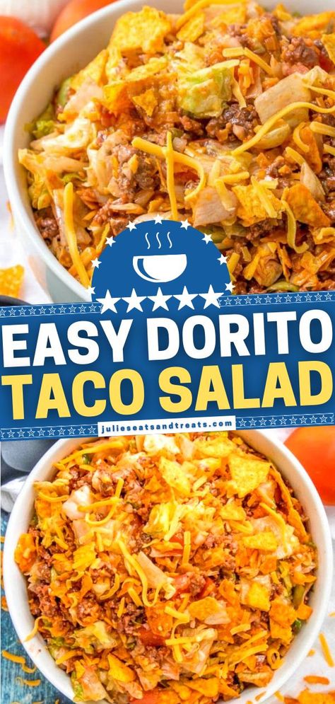 Nacho Cheese Doritos, Dorito Taco Salad, Dorito Taco Salad Recipe, Taco Salad Recipe Healthy, Dorito Taco, Easy Taco Salad Recipe, Taco Salad Doritos, Taco Pasta Salad, Taco Dinner