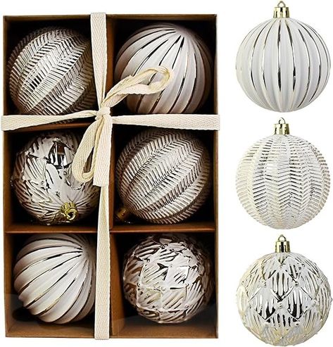 Amazon.com: Mupera 6Pcs Farmhouse Ball Ornaments - 3.14 Inch Kraft Box PET Twine Christmas Ball Set, White Gold Alien Balls Shatterproof Xmas Tree Decoration Hanging Balls Suitable for Party Home Decor : Home & Kitchen Large Christmas Ornaments, Xmas Tree Decoration, White Christmas Ornaments, Christmas Tree Stand, Xmas Tree Decorations, Rustic Christmas Tree, Christmas Ornaments Homemade, Christmas Ball, Vintage Christmas Decorations