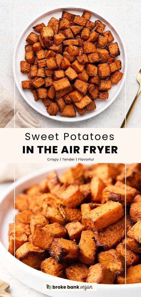 These air fryer sweet potatoes are coated in warming seasonings, tossed in olive oil, and fried to crispy-yet-tender perfection. Serve them with your favorite dip for a crowd-pleasing appetizer or side dish! #airfryersweetpotatoes #airfriedsweetpotatoes #sweetpotatocubes Air Fried Sweet Potatoes, Fried Sweet Potatoes, Air Fryer Sweet Potatoes, Sweet Potato Bites, Sweet Potato Recipes Roasted, Sweet Potatoe Bites, Cubed Sweet Potatoes, Potato Bites, Air Fryer Healthy