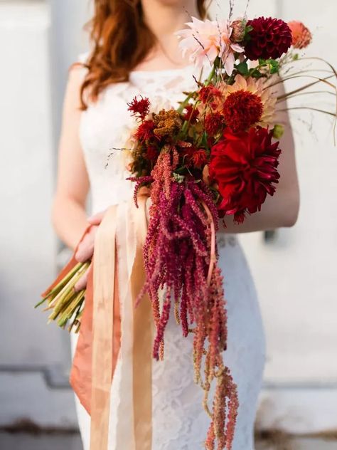 pageant wedding bouquet with cascading amaranthus and red dahlias Brooklyn Grange, Red Dahlias, Orchid Bouquet Wedding, Coral Charm Peony, Cascading Bridal Bouquets, Cascading Wedding Bouquets, City Flowers, Blush Bouquet, Ombre Wedding