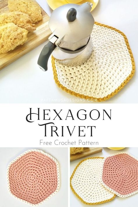 Top picture: a crochet hexagon trivet in use with a coffee maker. On the bottom: two flat lay pictures of the knit stitch hexagon trivet Hexagon Trivet, Modern Haken, Crochet Mug Cozy, Crochet Potholder Patterns, Crochet Hot Pads, Crochet Horse, Crochet Knit Stitches, Potholder Patterns, Crochet Coaster Pattern