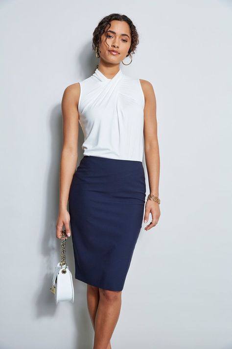 [PaidAd] This Figure-Flattering Midi Pencil Skirt Is Made From A Seasonless Wool Blend And Comes In Two Color Ways: Navy And Black. #pencilskirtoutfitsforwork Navy Pencil Skirt Outfit, Navy Blue Pencil Skirt, Navy Pencil Skirt, Business Skirt, Pencil Skirt Outfits, Knee Length Skirt Pencil, Paneled Skirt, High Waisted Pencil Skirt, Professional Attire