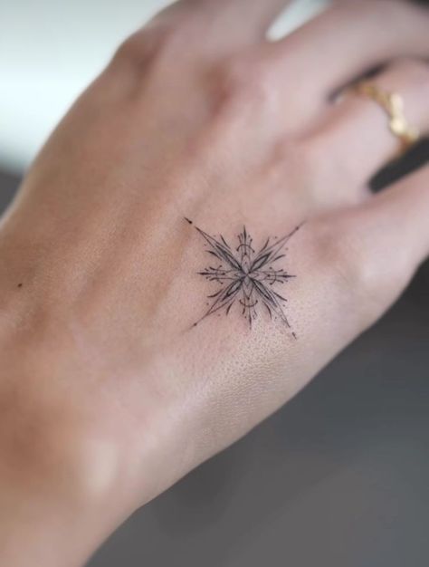 Sun Snowflake Tattoo, Fine Line Snowflake Tattoo, Winter Solstice Tattoo, Snow Flakes Tattoo, Christmas Tattoos For Women, Snow Tattoo Ideas, Winter Tattoo Ideas, Frost Tattoo, Snowflake Tattoos