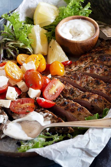 Souvlaki Marinated Pork Tenderloin Souvlaki Marinade, Marinated Pork Tenderloin, Easy Pork Tenderloin Recipes, Easy Pork Tenderloin, Souvlaki Recipe, Cherry Tomato Salad, Balsamic Pork, Marinated Pork Tenderloins, Pork Dinner