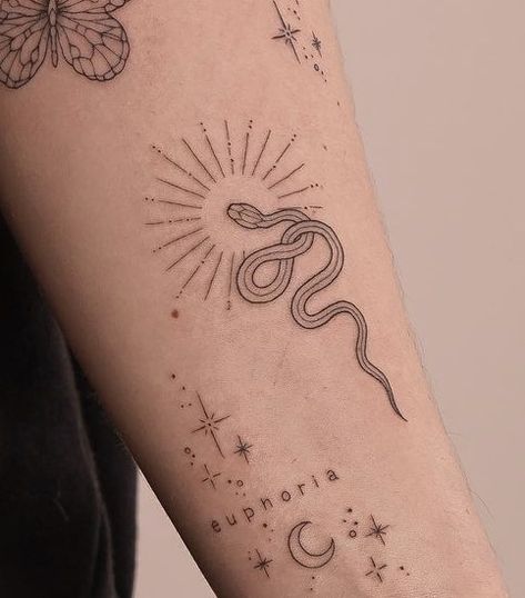 Snake Sister Tattoo, Anicca Tattoo, Front Of Hand Tattoo, Small Snake And Moon Tattoo, Small Minimalist Medusa Tattoo, Snake And Sun Tattoo, Small Arm Snake Tattoo, Patch Tattoo Ideas Women, Classy Snake Tattoo