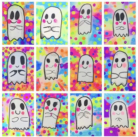 Gustavo The Shy Ghost, Halloween Art Lessons, Grade 1 Art, Halloween Art Projects, Bricolage Halloween, Neon Paint, Halloween Kindergarten, Kindergarten Art Projects, October Art