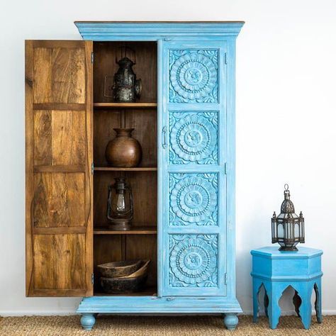 Indian Inspired Furniture, Wardrobe Paint Ideas, Boho Furniture Diy, Boho Cabinets, Indian Furniture Living Rooms, Beach Inspired Room, Indian Inspired Bedroom, Boho Inspired Bedroom, Antique Indian Furniture