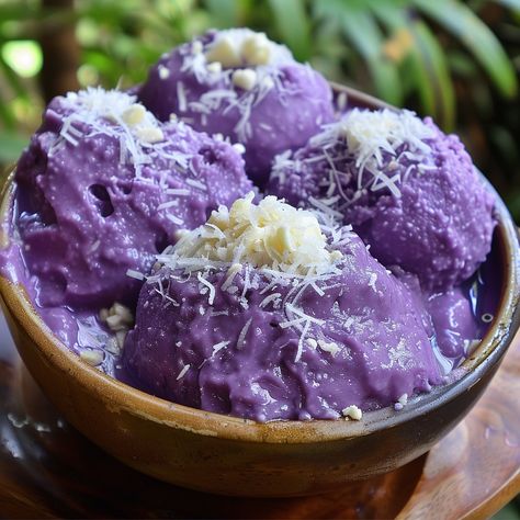 🍠 Indulge in the sweet delight of Ube Halaya! 🍠 #FilipinoDesserts #UbeHalaya Ube Halaya Ingredients: Purple yam (1 lb, boiled and mashed) Coconut milk (2 cups) Condensed milk (1 can) Butter (1/2 cup) Sugar (1 cup) Vanilla extract (1 tsp) Instructions: Combine mashed purple yam, coconut milk, condensed milk, and sugar in a pot. Cook over low heat, stirring constantly. Add butter and vanilla extract. Continue cooking until thick and creamy. Pour into a mold and let cool. Enjoy this vibrant ... Can Butter, Ube Halaya, Filipino Dessert, Canned Butter, Instagram Recipes, Purple Yam, Milk And Sugar, Purple Potatoes, Twisted Recipes