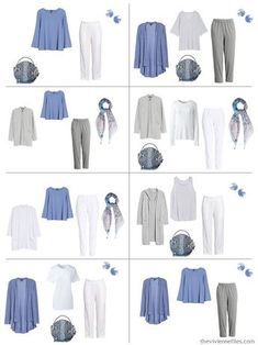 8 outfits in grey and white accented with periwinkle French Minimalist, The Vivienne Files, Vivienne Files, Matching Colours, Blue Clothes, Capsule Wardrobe Work, Summer Palette, Capsule Wardrobe Ideas, True Summer