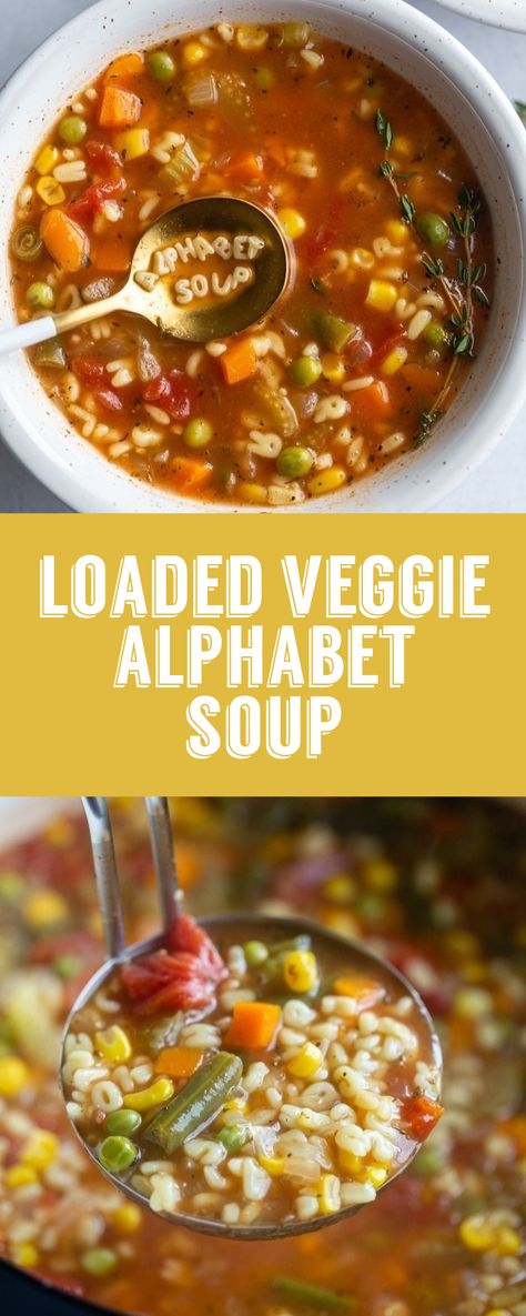 Veggie Alphabet Soup, Vegetable Alphabet Soup, Abc Vegetable Soup, Easy Alphabet Soup, Homemade Alphabet Soup, Soup Recipes Kids Love, Abc Soup Recipes, Soups Kids Will Love, Alphabet Pasta Recipes