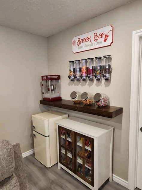 Snack Bar For Basement, Snack Bar For Game Room, Snack Bar Room Ideas, Cute Snack Bar Ideas, Movie Snack Bar Ideas, Living Room Snack Bar, Family Room Snack Bar, Salon Suite Snack Bar, Basement Ideas Movie Room