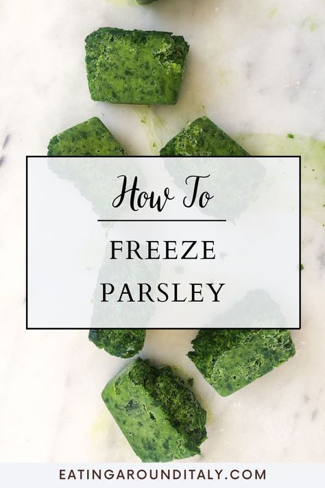 top view of frozen cubes of parley spread out in a straight line on a marble background with text box overlay How To Preserve Fresh Parsley, Fresh Parsley Uses, How To Freeze Fresh Parsley, Parsley Preserving, Can You Freeze Parsley, What To Do With Parsley Fresh Herbs, How To Freeze Parsley, Dried Parsley Recipes, What To Do With Extra Parsley