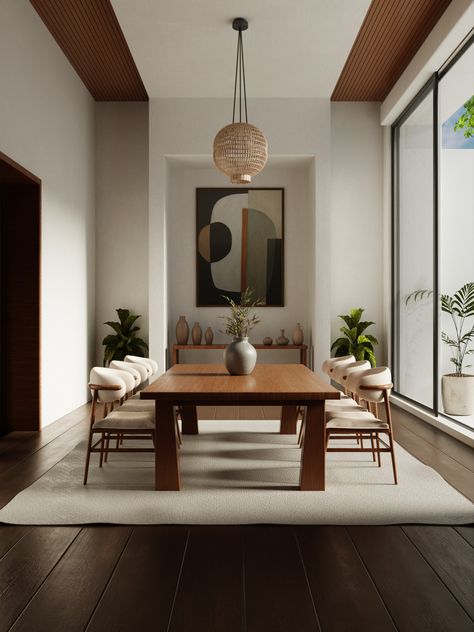 Japandi Dining Room,  on ArtStation at https://www.artstation.com/artwork/V2g5YX Japandi Interior Design Dining Room, Dining Room Decor Japandi, Japandi Dining Table Decor, Japandi Interiors Dining Room, Japandi Architecture, Zen Dining Room, Japandi Dining Room Design, Minimal Dining Room, Interior Japandi