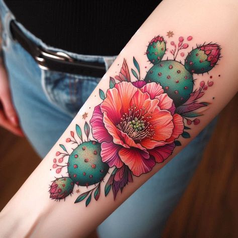 Tattoo Succulent Flower Tattoo, Saguaro Blossom Tattoo, Cactus Arm Tattoo, Succulent Shoulder Tattoo, Blooming Cactus Tattoo, Cactus Blossom Tattoo, Cactus Skull Tattoo, Desert Rose Tattoo, Prickly Pear Tattoo