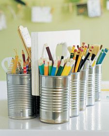 15 Ways to Repurpose Items You Already Have for Organizing Homework Caddy, Tin Can Flowers, Recycled Tin Cans, Kids Craft Room, Art Supplies Storage, Martha Stewart Crafts, Recycled Tin, Tin Can Crafts, Ways To Recycle