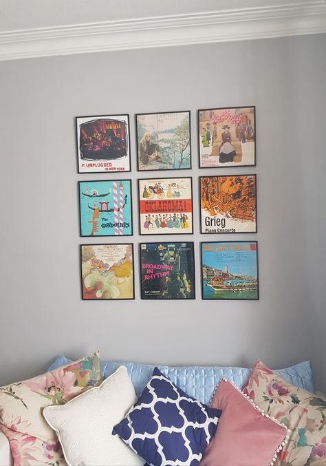 Gallery wall - album covers as Art Framed Album Covers Record Wall, Record Cover Wall Art, Diy Album Cover Wall, Framed Album Covers, Album Cover Wall Decor Bedroom Ideas, Record Album Wall Art, 1970s Beach, Record Frame, Album Cover Wall Decor