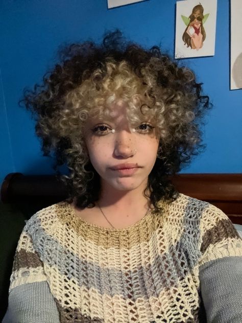 Dye Jobs For Curly Hair, Craftcore Aesthetic Outfits, Curly Shag Haircut Black Women, Racoon Tail On Curly Hair, Wolfcut Curly Hair Short 3b, Wolfcut Natural Hair, 3b Dyed Hair, Short Big Curly Hair, Dyed Bangs Curly Hair