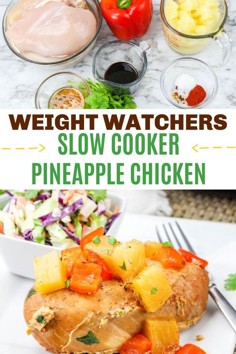 Weight Watchers Slow Cooker Pineapple Chicken is a must try! Simple to make in the crock pot and low in WW points, but not flavor. #SlowCooker #chicken #weightwatchers #WW via @sweeterbydesign Weight Watchers-friendly Hawaiian Shredded Chicken, Ww Pineapple Chicken, Weight Watchers Crock Pot Meals, Ww Crock Pot Recipes, Weight Watchers Crockpot Meals, Crock Pot Weight Watchers Recipes, Weight Watcher Crock Pot Recipes, Weight Watcher Crockpot, Ww Crockpot Recipes