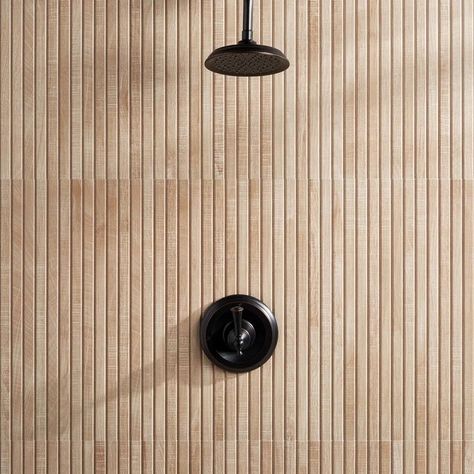 Sabine Metal Rounded Rectangle … curated on LTK Bamboo Tiles Wall, Bath Backsplash Ideas, Wood Tile Design, Wood Accent Wall Bathroom, Slat Wall Tile, Wood Tile Shower Ideas, Kenridge Ribbon, Shower Tile Patterns, Large Tile Bathroom