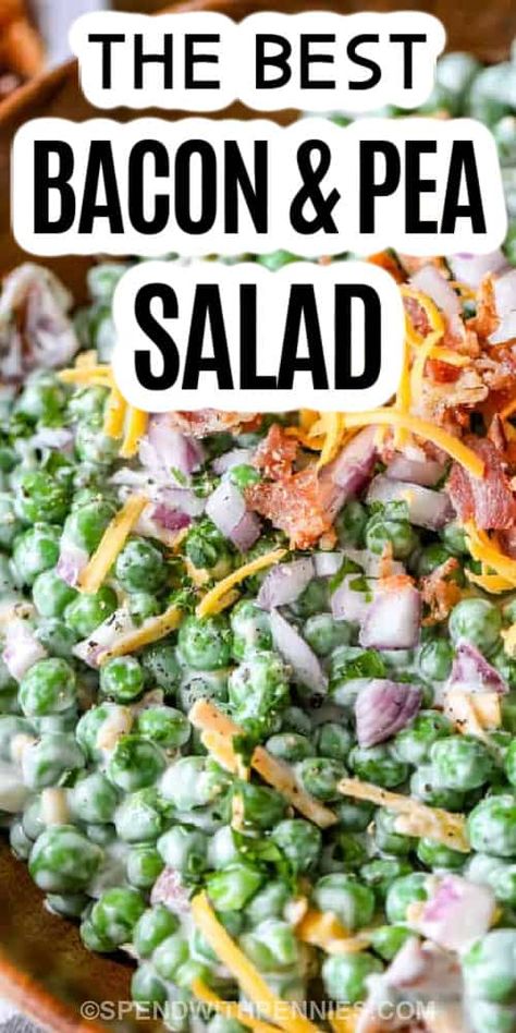 Bacon Pea Salad is a crowd favorite! Tender peas, savory bacon, shredded cheese, and red onions are mixed with a tangy homemade dressing, then it’s chilled and served cold! We love adding bell peppers, chunks of ham, or even corn! #spendwithpennies #peasalad #salad #peas Peasalad Salad, Bacon Pea Salad, Pea Salad With Bacon, Green Pea Salad, Perfect Salad Recipe, Recipe With Bacon, Easy Macaroni Salad, Pea Salad Recipes, Creamy Peas