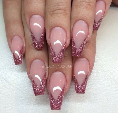 Dusty Rose French Tip Nails, French Manicure Pink Tips, Glitter Pink French Tip Nails, Pink Sparkle French Tip Nails, Shape Of Nails, Prom Nails French, Pink Tip Nails, Pink French Tip, 2023 Nail