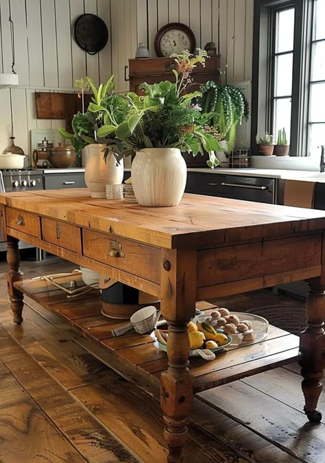 Island Furniture Kitchen, Kitchen Island Cottage Style, Antique Wood Island, Draper Table Kitchen Island, Furniture Style Kitchen Island, Kitchen Island Furniture Piece, Eclectic Farmhouse Kitchen, Kitchen With Table Instead Of Island, Wood Kitchen Island Ideas