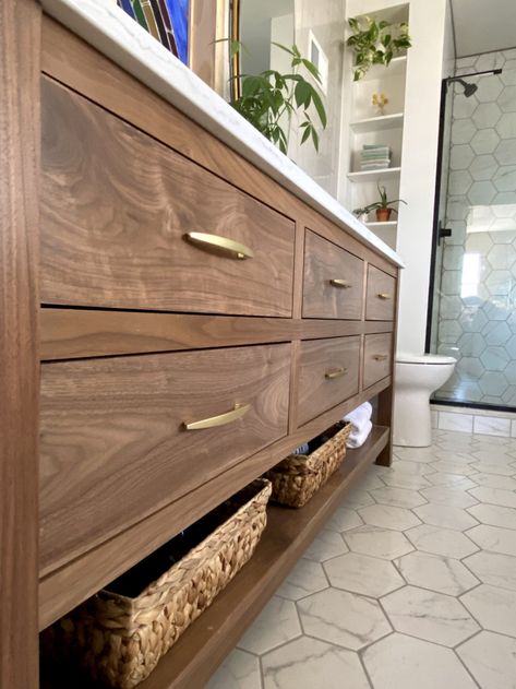 Wood Double Vanity Master Bath, Master Bath Dark Wood Vanity, Long Master Bath Vanity, Bathroom With Walnut Vanity, Walnut Vanity Bathroom Master Bath, Dark Walnut Bathroom Vanity, Stained Bathroom Vanity, Walnut Vanity Bathroom, Master Bath Vanities