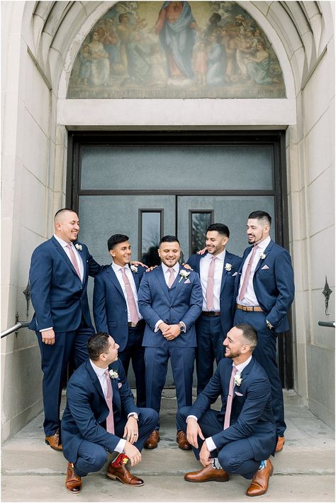 Navy Suit With Rose Gold Tie, Groomsmen Attire Navy And Blush, Blue Suit Pink Tie Wedding, Blush Pink And Navy Blue Wedding Groomsmen Suits, Dusty Rose Wedding Party Groomsmen, Groomsmen Attire Dusty Rose, Dusty Rose Wedding Groomsmen, Spring Wedding Groomsmen Attire, Wedding Usher Attire