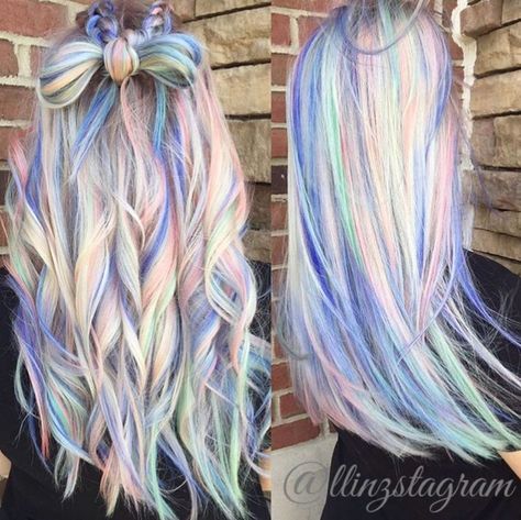 Blonde Oil Slick Hair, Mermaid Hair Color Peekaboo, Blonde With Rainbow Peekaboo, Blonde Hair With Pop Of Color, Streaky Hair, Blue Balayage Hair, Unicorn Hairstyle, Blue Balayage, Bling Aesthetic