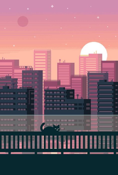 City Pixel Art, Perspective Studies, City Digital Art, Wallpaper Comic, Pixel City, Pixel Art Pokemon, Tokyo Art, Cat City, City Silhouette