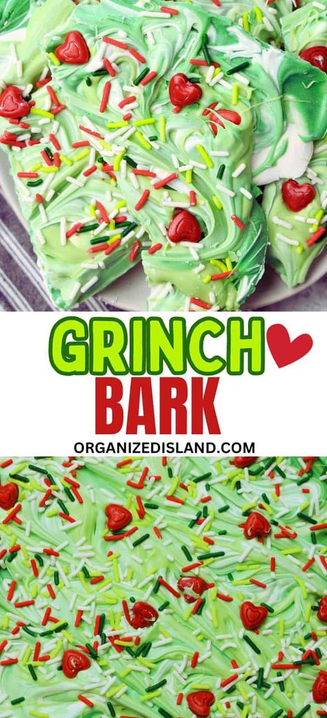 Easy Christmas Chocolate Bark, Grinch Bark Recipe, Grinch Christmas Recipes, Grinch Christmas Snacks, Christmas Chocolate Bark Ideas, Grinch Day Snacks, Holiday Treats To Sell, Easy Christmas Bark, Grinch Recipe Ideas