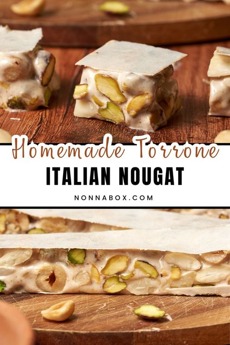 Fascinated by sweet treats? Italian torrone is the ultimate delight! 🍬 This famous nougat candy, cherished globally, is crafted with a blend of honey, fluffy egg whites, sugar, and the rich essence of roasted dried fruits. Each bite is a journey into the heart of Italian confectionery, offering a perfect balance of sweetness and nutty goodness. Indulge in the artistry of torrone, a timeless treat that captures the essence of Italian culinary magic! How To Make Nougat, Authentic Italian Dessert Recipes, Italian Torrone Recipe, Italian Nougat Recipe, Pistachio Nougat Recipe, Torrone Recipe, Authentic Italian Desserts, Italian Candy, Coastal Italian