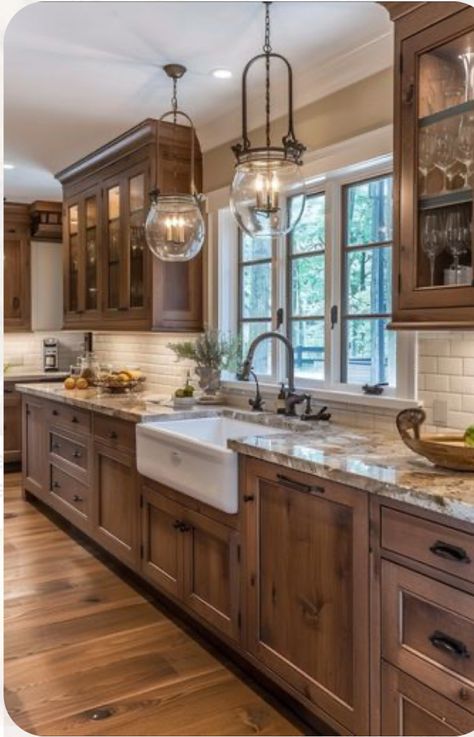 Rustic Kitchen Dark Cabinets, Modern Rustic Kitchen Cabinets, Rustic Brown Cabinets Kitchen, Farm Kitchen Wood Cabinets, Stain Kitchen Cabinets Darker, Ranch Style Homes Interior Decor, Barndominium Kitchen Wood Cabinets, Brown Kitchen Cabinets, Kitchen Design Plans