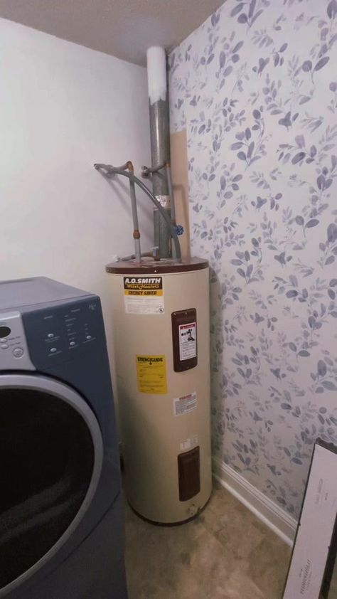 Cover up ya fugly water heater! It super easy and requires minumal too... | Laundry Room Makeover | TikTok Door For Water Heater, How To Cover Water Heater Laundry Rooms, Hiding A Water Heater Laundry, How To Cover Hot Water Heater Laundry Rooms, How To Hide Tankless Water Heater, Conceal Water Heater, Laundry Room Water Heater, Cover Up Water Heater, Hot Water Tank Cover Ideas Laundry Rooms