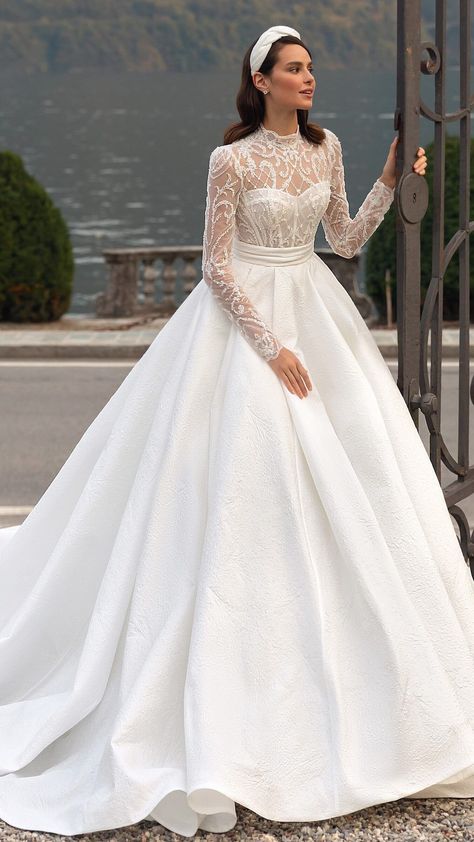 Wedding Dresses Lace High Neck Long Sleeve, High Neckline Ballgown Wedding Dress, 2023 Wedding Dresses Sleeves, Ball Gowns Bridal, 2023 Bridal Gowns With Sleeves, Wedding Gowns With Long Sleeves, Wedding Dress Up, Long Sleeved High Neck Wedding Dress, Wedding Dresses Ball Gown 2023