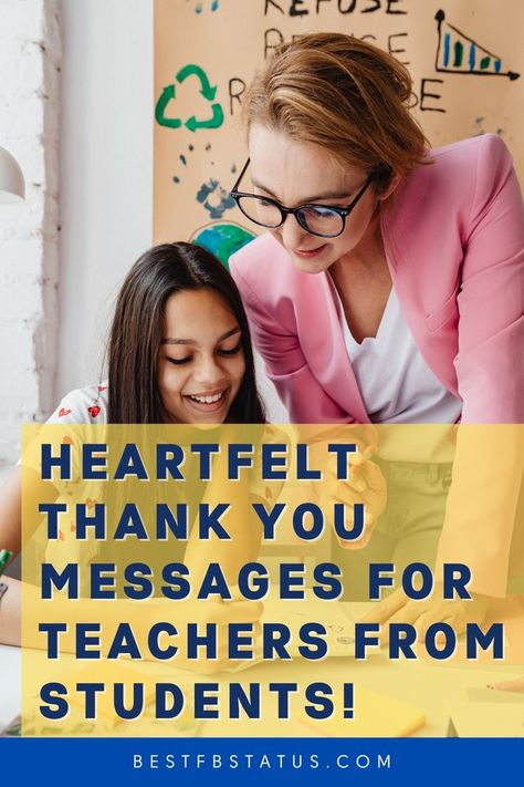 Pinterest image saying "Heartfelt Thank You Messages for Teachers From Students!". Teacher Appreciation Message, Teacher Recognition, Recognition Quotes, Status Ideas, Appreciation Note, Message For Teacher, Fb Status, Thanks Words, Appreciation Message