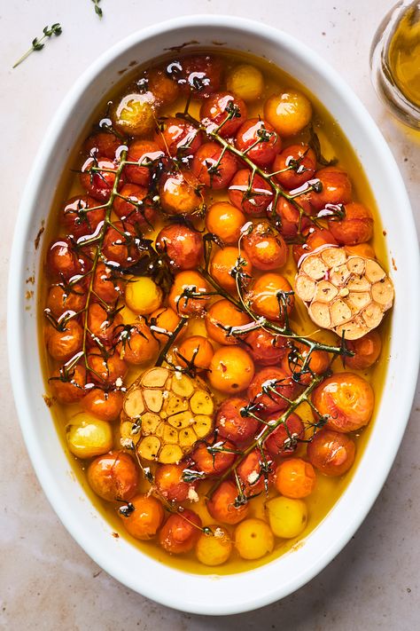 Cherry Tomato Confit | Olive & Mango Cherry Tomato Confit Recipe, Confit Cherry Tomatoes, Tomatoes Confit, Cherry Tomato Confit, Tomatoes In Olive Oil, Tomato Confit, Confit Recipes, Garlic Confit, Tomatoes Recipes