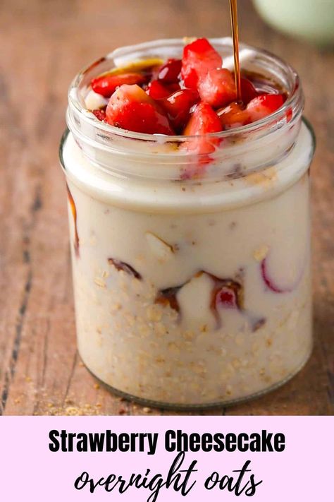 I love how I can just grab overnight oats from the fridge for a quick, nourishing breakfast. Strawberry Cheesecake Overnight Oats give you a delightful and nutritious breakfast treat made with strawberries and greek yogurt, plus cream cheese and graham crumbs mixed in for a rich cheesecake flavor! Strawberry Cheesecake Overnight Oats, Cheesecake Overnight Oats, Nourishing Breakfast, Breakfast Strawberry, Work Breakfast, Overnight Oats With Yogurt, Rich Cheesecake, Jar Meals, Mango Cheesecake