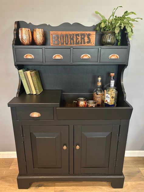 this beautiful pine dry sink has been given a second chance at entertaining! she has been sanded down, cleaned and primed. she wa a painted in Melange One jet black. brand new cup pulls on all 5 drawers. we added a stained piece of wood inside the dry sink area.  this piece can be used for a bar, coffe bar or as an accent piece.  measures 36 wide   55 1/2 tall  15 3/8 deep  My pieces are previously loved and show signs of use. All drawers are working and in good shape. Please keep in mind, items will show their age and will not be perfect even after refinishing.  If any additional pictures or information is needed, please let me Know.  SHIPPING: The price includes free shipping to your destination within 100 miles of my location. If your destination is greater than 100 miles, please send m Refurbished Dry Sink, Vintage Dry Sink Makeover, Refinished Dry Sink, Dry Sink Repurposed, Dry Sink Coffee Bar, Black Dining Room Table Decor, Dry Sink Makeover, Corner Cabinet Makeover, Sink Makeover