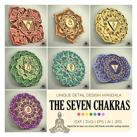 DTFMA17-The Seven Yoga Chakras Mandala Bundle, Wall Hang Multilayer Svg Dxf Ai Eps artwork digital file for CNC router, laser, Cricut Yoga Chakras, Laser Cut Wood Crafts, Chakra Art, Routeur Cnc, Chakra Yoga, Seven Chakras, 3d Laser, Friend Quotes, Art Installation