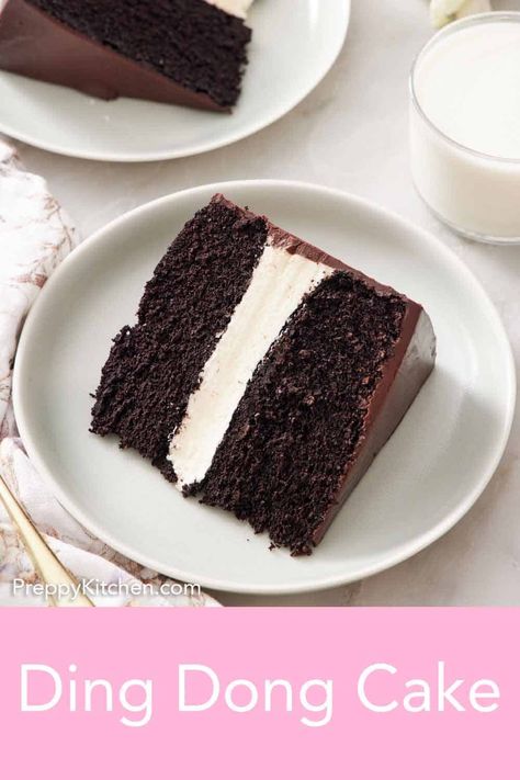 This decadent Ding Dong Cake will remind you of childhood! Transform the classic treat into layers of homemade chocolate cake, cream filling, and chocolate ganache glaze. It’s a fun baking project and makes an impressive and delicious dessert for birthday parties, celebrations, and more! Dessert For Birthday, Chocolate Cake Cream, Cake Cream Filling, Ding Dong Cake Recipe, Best No Bake Cheesecake, Ganache Glaze, Ding Dong Cake, Java Tea, Chocolate Ganache Glaze