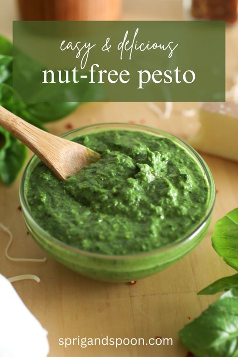 You don’t need nuts to make a delicious fresh basil pesto! Learn how to make this tasty sauce without any pine nuts and without sacrificing flavor. Sundried Tomato Pesto Pasta, Nut Free Pesto, Fresh Basil Pesto, Basil Pesto Recipe, Creamy Pesto Sauce, Sundried Tomato Pesto, Basil Pesto Recipes, Tree Nut Allergy, Seasonal Eating