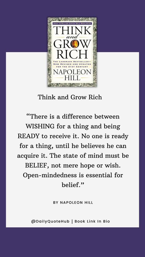 "Think and Grow Rich" by Napoleon Hill outlines principles for achieving personal and financial success. Key concepts include desire, faith, persistence, and the power of the mastermind.  #ThinkAndGrowRich #NapoleonHill #Success #PersonalDevelopment #FinancialFreedom #Desire #Faith #Persistence #Mastermind Think And Grow Rich Book Quotes, Think And Grow Rich Quotes, Think And Grow Rich Book, Quote From Book, 5am Morning, Rich Quotes, Napoleon Hill Quotes, Wisdom Books, Think And Grow Rich