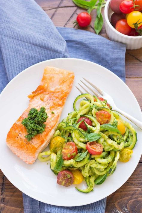 This simple and healthy Kale Pesto Zucchini Noodles and Salmon dinner is ready in just 30 minutes! This zoodles recipe is one of our favorites! kristineskitchenblog.com Zoodles Recipe, Pesto Zucchini, Pesto Zucchini Noodles, Best Zucchini Recipes, Canned Salmon, Zoodle Recipes, Zucchini Recipe, Kale Pesto, Healthy Salmon