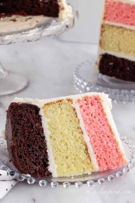 Make this easy 3-layer traditional Neapolitan cake for the ultimate dessert! It's frosted with a homemade cream cheese frosting that is to die for. Neopolitan Cake, Chantilly Cake Recipe, Neapolitan Cake, Caramel Pecan Pie, Moist Vanilla Cake, Rich Cake, Strawberry Cake Mix, Spaceships And Laser Beams, Vanilla Cake Mixes