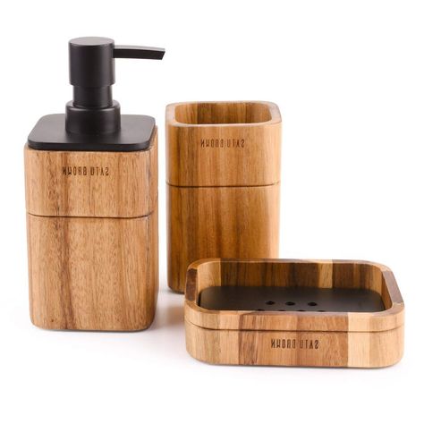 PRICES MAY VARY. Acacia Wood 【Acacia Wood Bathroom Set】: When looking for the perfect bathroom accessories set, it is best to look for durable ones. Among the wood bathroom accessories set with long service life, acacia wood is suitable.This bathroom accessories set is made of acacia wood with dampproof, heat-resistant.Safe for daily uses and easy to clean. Natural wood color, simple yet refined look, goes great in both traditional and modern bathroom decors. 【3 Pecies Bath Accessories set】: Inc Industrial Cabin, Wooden Bathroom Accessories, Bamboo Bathroom Accessories, Bathroom Surfaces, Bathroom Organizing, Soap Dispenser Bathroom, Clean Bathroom, Bathroom Tumbler, Bad Accessoires